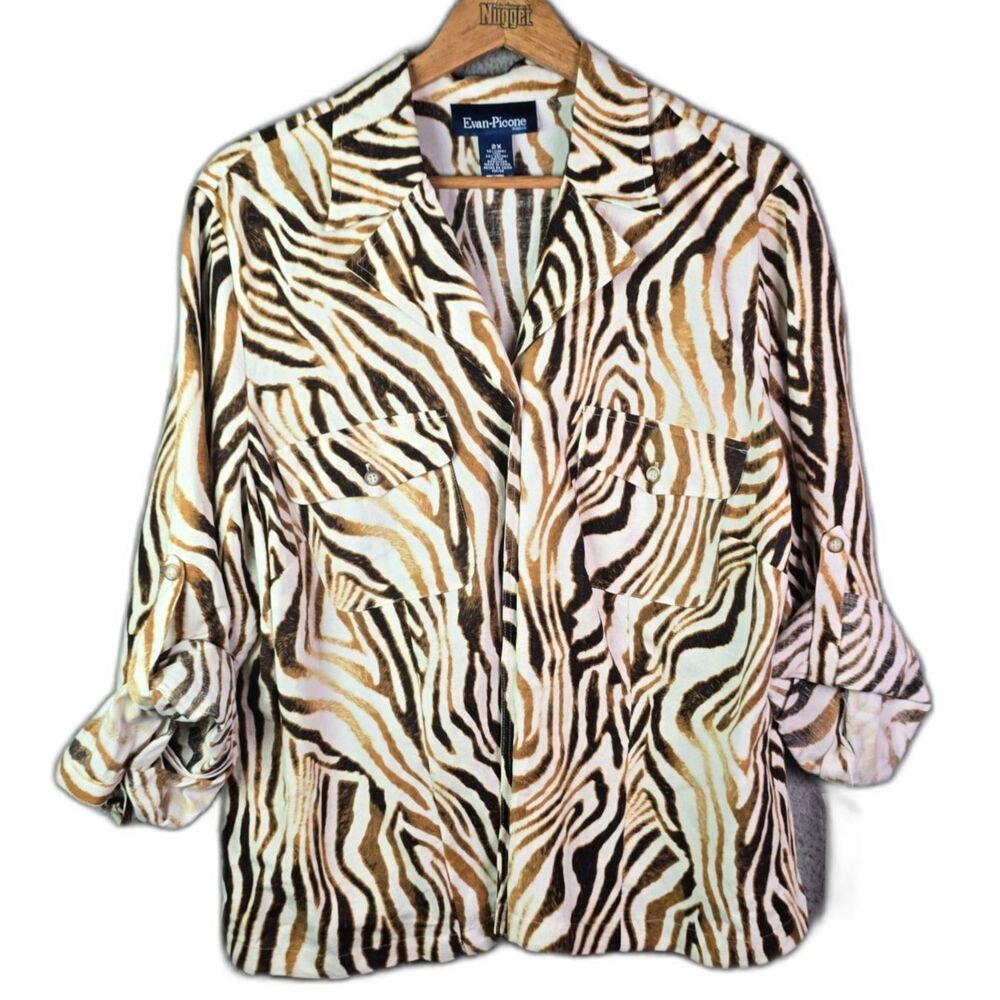 Evan Picone Womens Blouse 2X Ivory Brown Zebra Print Linen Rayon Roll Tab Sleeve